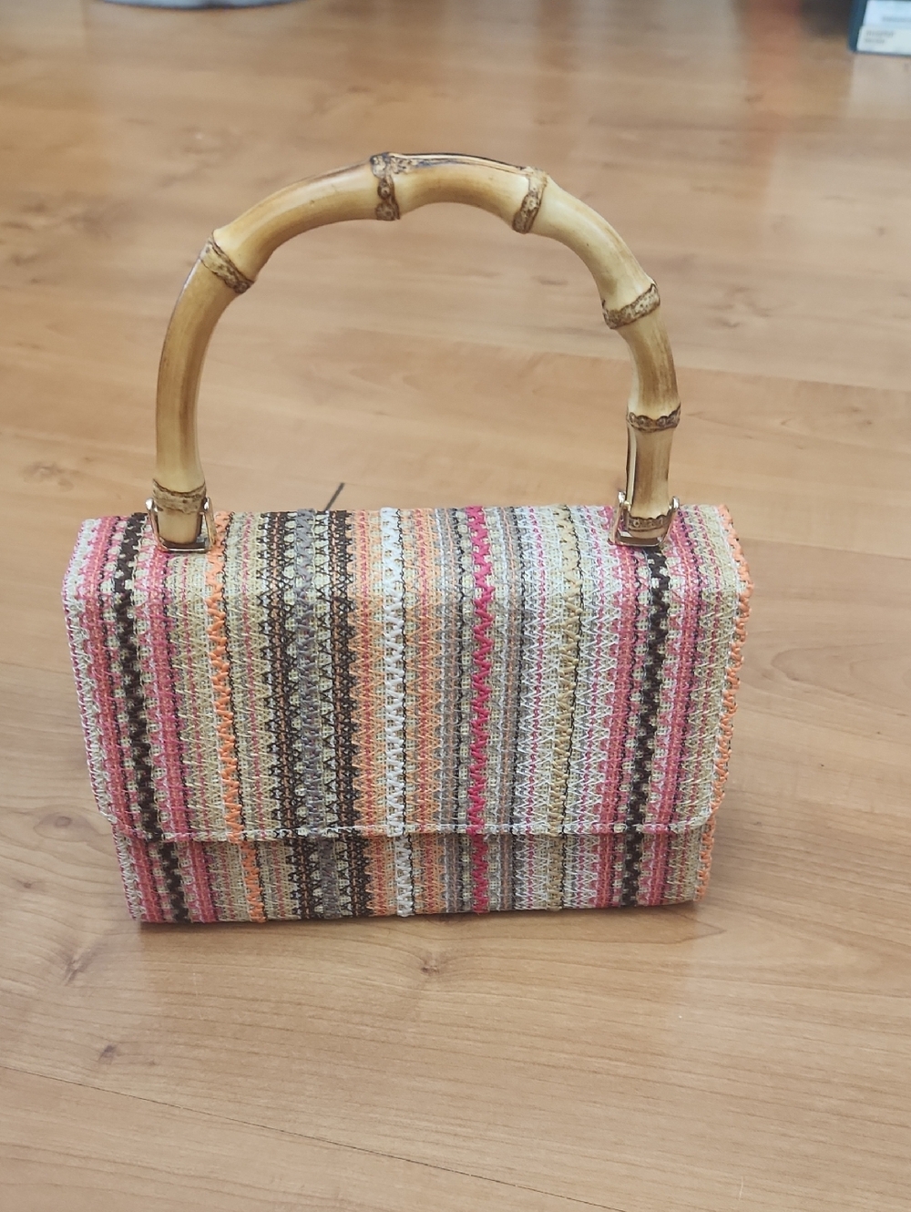 Woven Multicolor Bamboo-Handle Top-Handle Bag